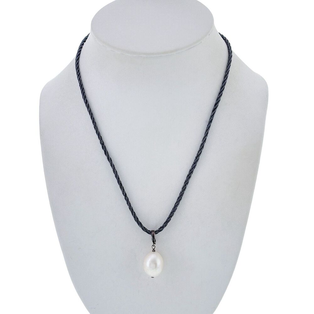 Vintage Sterling Silver 28mm White Baroque Pearl Pendant Gray Cord Necklace 19"